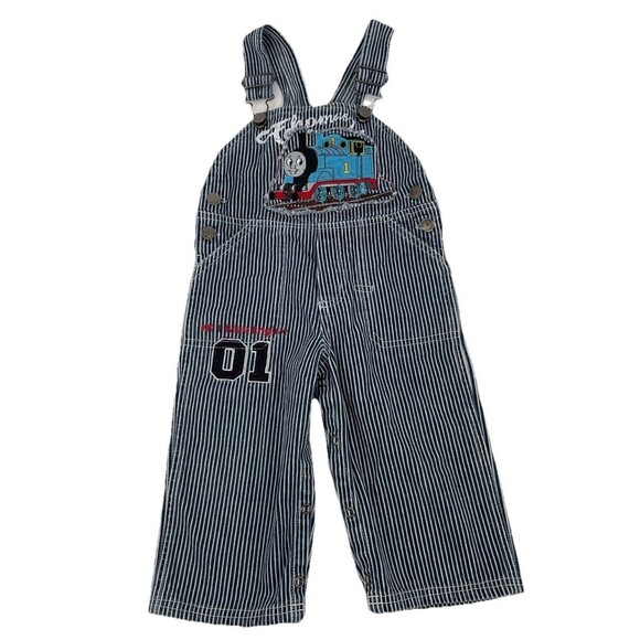 Vintage Y2K Boys Thomas The Train Pinstripe Overalls Denim Jeans Embroidered 18M - Picture 1 of 12